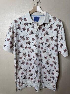 Pendleton Mens L Polo Shirt Cream 100% Cotton Fly Fishing All Over Print
